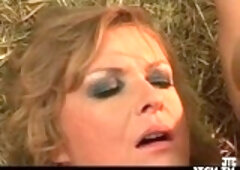 Rich blonde woman is having sex in the barn with a guy who is working for her husband