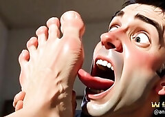 Obedient chap on his knees worshipping large feet during the time that being abased. This chab licks the big soles and sucks the toes with total focus