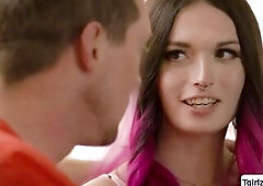 Breasty transexual Natalie Stone sits in the bed with attractive str8 stud Pierce Paris with her hand on his large shlong whipping it out to deepthroa