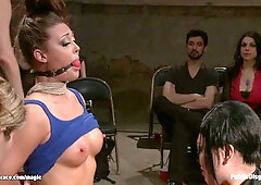 Bound lesbian banged in public group