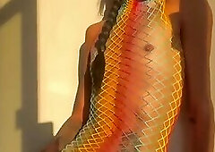 Cups her balls when she cums