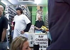 Sophia Gently went to the video stores and finding lucky guys. She showing her big tits while smoking and rubbing her big tits by a guy. She blowjob a