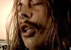 Vintage brunette beauty indulges in playful passion with captivating charm