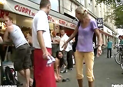 Gagged stripped bazookas Euro brunette hair wench Felicia D with pants down on knees walked in public truck parking then coarse screwed by large ramro