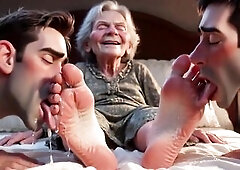 Pathetic obedient serf licking the old unattractive feet of a 90yo granny. This guy runs his tongue not fast over her wrinkled soles and sucks her toe