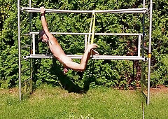 Uncut, Unmasked Slave Exposed Outdoor In Penis Cage Doing Fitness Tied Up Bdsm 4 Min With Solo Boy