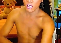 Attractive tranny with small tits strokes her cock on webcam