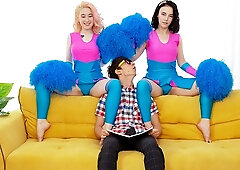 Nerd satisfies two cheerleaders