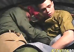 Sexy scout Austin fucked bareback in hot spitroast threesome