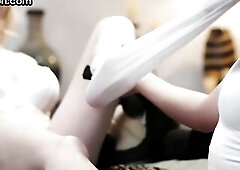 Transgender nympho lady bangs female pussy in missionary