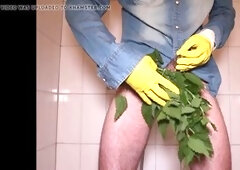 Intense gay anal play with a nettle spank