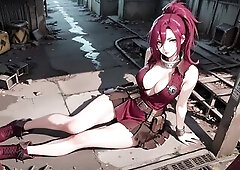 The redhead warrior emerges from the industrial wasteland, her wine-red combat costume hugging each curve. Leaning not fast on a cold metal platform, 