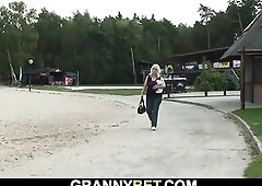 Old older golden-haired rides stranger's schlong outdoors