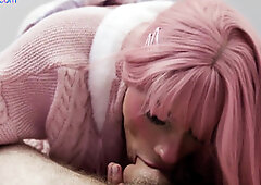 Pink hair and college uniform femboi fucked in skinny ass