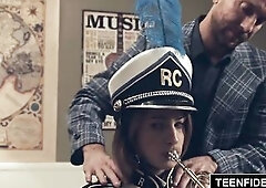 Kristen needs tons of aid if this babe's ever going to be a decent trumpet player. So that babe goes to Mr. Madison to get some tutoring. This ba