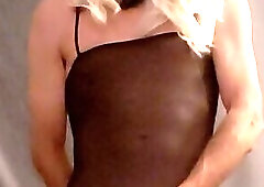 Sandy cums in a nylon dress