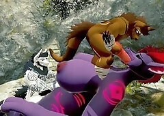 Two muscular furries take on a thick dragon in VR