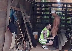 The employee finishes his task and his boss gets incredibly aroused seeing him all sweaty.