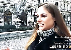 Great looking brunette, Cathy Heaven is sucking dick and riding it, in a public place