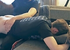 Inexperienced man receives his first spanking from a dominant gay couple