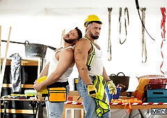 Construction workers take a break from work to have anal