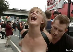 Brunette Euro slave Mona Wales is public disgraced by Ariel X and Bill Bailey then throat and pussy hard fucked in crowded restroom then whipped outdo