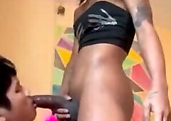 Big Cock Ladyboy fucks his throat slow