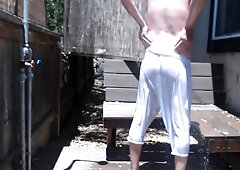 Neighbors Watched Me Getting Horny In The Outdoor Shower! Big Cock In Sheer Shorts