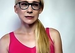 Nubile tgirl rides dildo while masturbating solo