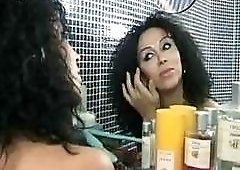 Raunchy curl-haired brunette shemale gets her tight ass pounded hard