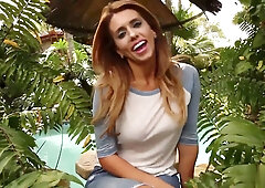 Curvy blonde Mia Ryder faces deep BBC oral on a tropical deck