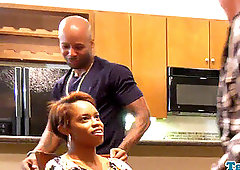 teenage ebony tgirl spitroasted in three way