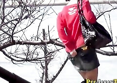 Oriental angels watched pissing by creepy voyeur outdoors
