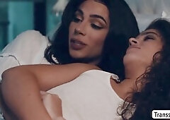 Natural curly-haired teen receives oral pleasure and hardcore pounding from stepmom shemale Ariel Demure