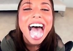 Pretty brunette teen gives a blowjob and swallows a hot load