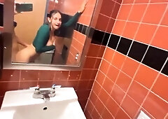 Big boobed amateur babe rammed doggystyle in public toilet