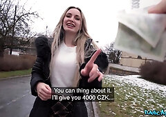 Pretty Slim Blonde Hottie Flashes Her Big Boobs & Lets a Public Agent Fuck Her Hard To Get Money