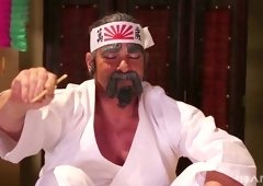 Bosomy and quite leggy brunette Anissa Kate gets fucked by two karate dudes