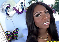 Stockinged ebony tgirl milking her strung up cock