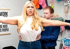 Security officer Alex Jett brings in big busty MILF Karen Fisher to the backroom after catching her stealing jewelry on surveillance footage. Karen de