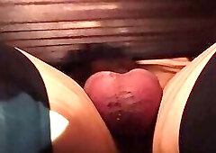 Cumshot in transparent dress with nylon condom