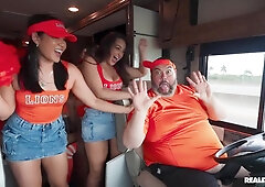 Crazy College GFs: Horny Cheerleaders Traveling Fan Fuck Fest with Brunette Emerald Loves - Threesome Orgy