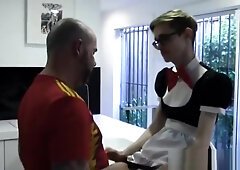 Twink maid with glasses fucked by bald Step daddy in kitchen