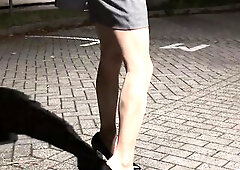 Sissy piddles on her nylon stumps, followed by hose show