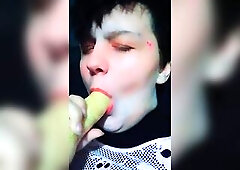 Trans femboy sucks his own thong penis