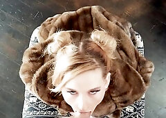 Chick In Furry Coat Sucks Your Weenie and Takes a Biggest Facial