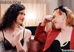 Cheesy 80s TV drama turns into hot shemale Shiri Allwood pounding her ebony partner Lydia on TransFlick.com!