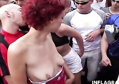 Tempting blond hottie in pink underware Sharon Da Vale dancing erotically in the public crowd