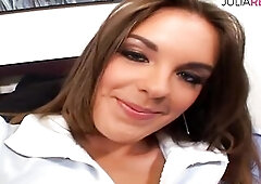 Hot honey groans in joy as a giant dong thrusts her hairless vagina