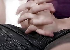 Stunning blonde shemale deepthroats a guy and rails his ass